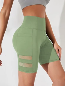 SHEIN Sports 網格拼接高腰無縫運動短褲（附口袋） - 綠色 - 查看 7