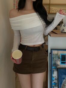DAZY Solid Color Slim Fit Open Shoulder Long Sleeve Casual Romantic Elegant Vacation Spring/Autumn Top Women's T-Shirt Date Off-White - White - View 3