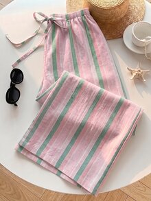 SHEIN EZwear 女款休閒綁帶腰直筒長褲，適合夏季 - 彩色 - 查看 3