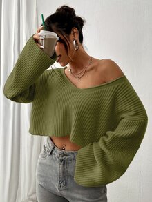 SHEIN Unity 女款純色落肩長袖紋理V領休閒針織衫 - 綠色 - 查看 5