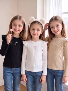 Genkimix Kids 3件組女童秋冬荷葉袖針織打底衫，百搭圓領刺繡蝴蝶結長袖T恤 - 彩色 - 查看 4