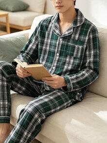 學院風復古格紋男士青少年睡衣長袖開襟衫與長褲2件套休閒舒適居家服 - 彩色 - 查看 1