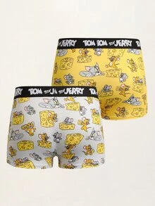 TOM & JERRY X SHEIN 男士卡通印花拼色休閒日常四角內褲 - 灰色 - 查看 2