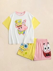 SpongeBob SquarePants | SHEIN Plus Size Women's Cartoon Print Short Sleeve Top And Shorts Casual Daily Home Sleepwear Set - Multicolor - View 1
