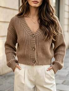 Balvessa Autumn/Winter Casual Versatile Solid Color Cardigan - Camel - View 1