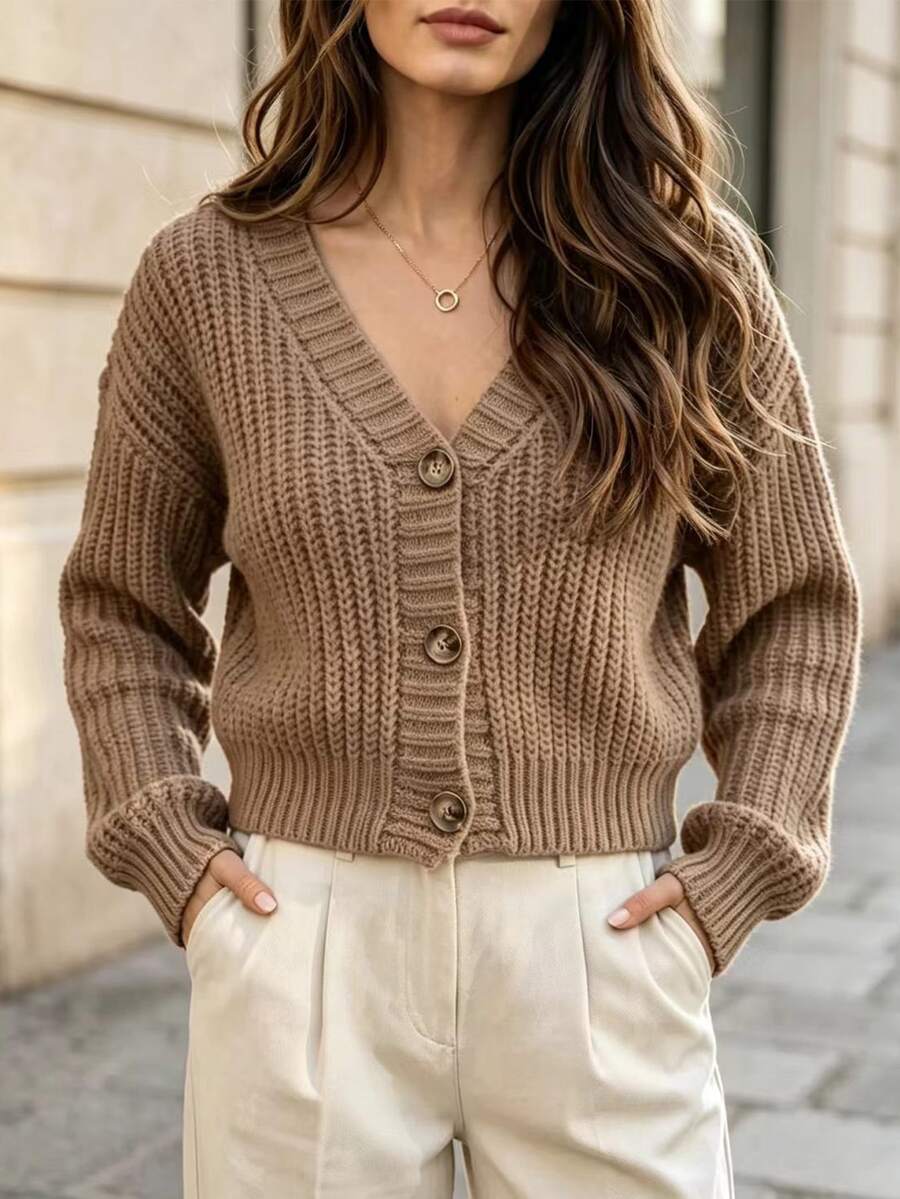 Balvessa Autumn/Winter Casual Versatile Solid Color Cardigan - Camel - View 1