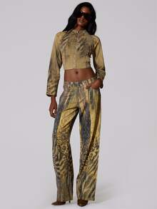 MUSERA Multi Colour Graphic Print Denim Studded Wide Leg Jeans Summer Autumn Fall Winter  Going Out Festival Cool Girl Low Frequency - Multicolor - View 1