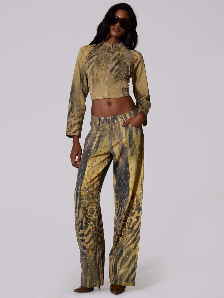 MUSERA Multi Colour Graphic Print Denim Studded Wide Leg Jeans Summer Autumn Fall Winter Going Out Festival Cool Girl Low Frequency - Multicolor - View 1