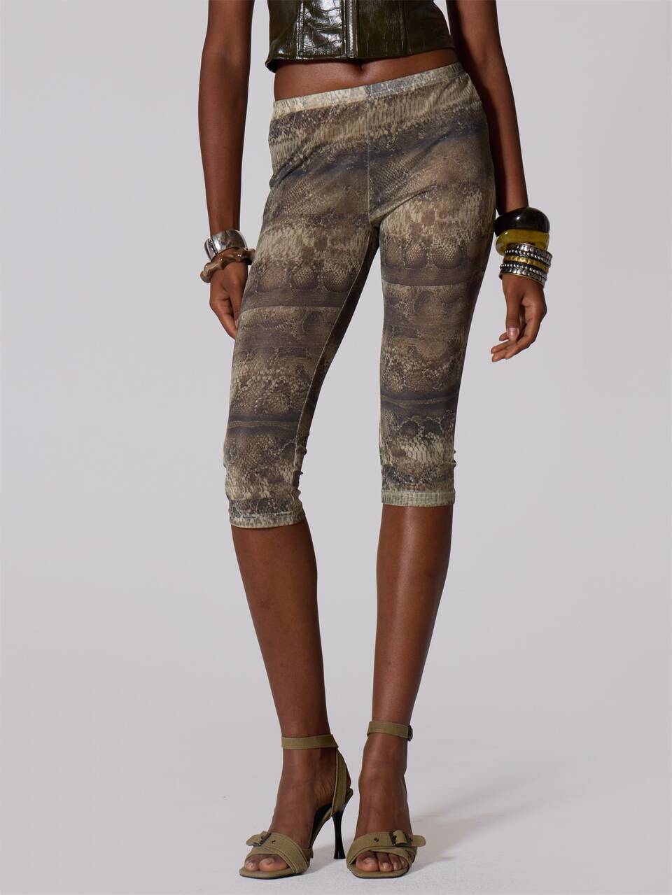 Green Mesh Snake Print Capri Pants