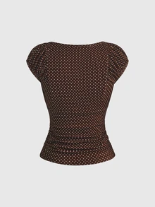 ROMWE Y2K Vintage Sweetheart Square Neck Puff Princess Sleeve Women's T-Shirt, Solid Color Casual Daily Wear - Brown - View 2