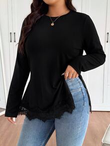 SHEIN Frenchy Plus Size Women's Crew Neck Knitted Striped T-Shirt With Side Slit Design, Comfortable Casual Plus Size T-Shirt - Black - View 6
