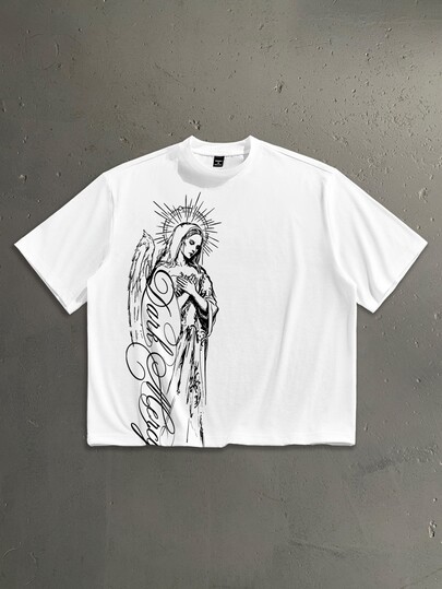 StoneGrade Compassionate Hands Crossed Virgin Mary Cursive English Letter Fashion Print Men's Plus Size Drop Shoulder Loose Fit Short Sleeve T-Shirt