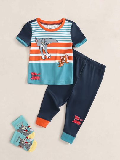 TOM & JERRY X SHEIN Baby Boy Colorblock Striped Cartoon Print Fitted Loungewear Set