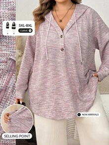 SHEIN CURVE+ Plus Size Women's Hooded Drawstring Button Waffle Knit Loose Casual Sweatshirt, Autumn/Winter Fall - Pink - View 5
