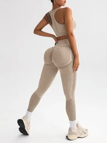 SHEIN Velisys Seamless Knit Tank Top & Shorts / Tank Top & Pants Matching Women's Sports Set - Khaki - View 3