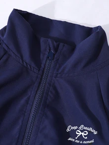 SHEIN 2件組時尚休閒女款/青少年新款蝴蝶結白色飾邊拉鍊立領夾克與白色飾邊小字母裝飾寬鬆版型... - 藍色 - 查看 6