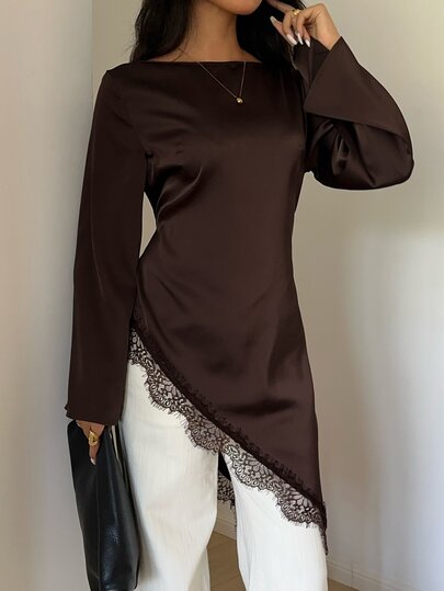Aloruh Women's Deep Coffee Satin Round Neck Flared Sleeve Asymmetric Contrast Lace Trim Asymmetrical Hem Cinched Waist Slimming Mature Elegant Blouse Shirt