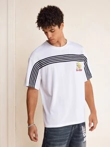 TOM & JERRY X SHEIN Men's Contrast Color Striped Cartoon Print Short Sleeve T-Shirt - White - View 4