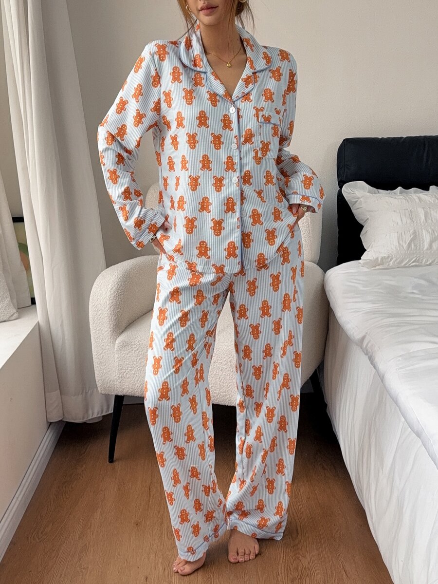 Napfluff Women's Striped Gingerbread Man Collar Long Sleeve Pants Pajama Set - Multicolor - View 1