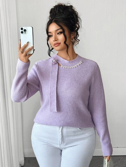 SHEIN Elenzya Áo len chui đầu dệt kim màu trơn size lớn cho nữ, kèm khăn quàng ngọc trai tích hợp, phong cách tối giản thanh lịch thiên văn thường ngày màu tím oải hương cho mùa thu