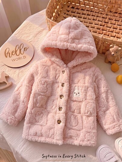 Cozy Pixies Baby Girls Coral Fleece Pink Double-Sided Rabbit Jacquard Long Coat, Comfortable And Cute