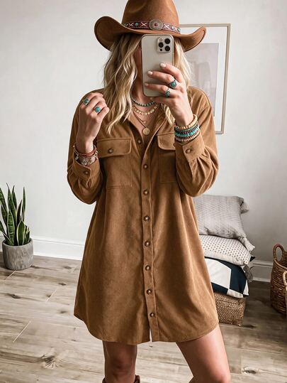 Wildy Vestido corto de pana de manga larga para mujer, estilo BOHO casual western country nómada, básico diario para otoño/invierno