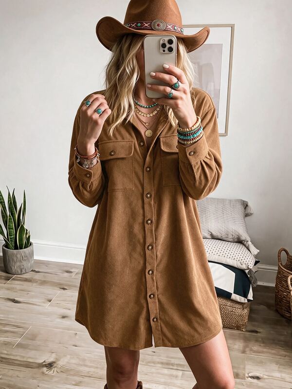 Wildy BOHO Lässig Western Country Nomad Damen Herbst/Winter Alltags Basic Cord Langarm Kurz Kleid