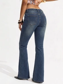 SHEIN Tall 女款休閒日常穿著鈕扣口袋喇叭牛仔褲 - 深色水洗藍 - 查看 3