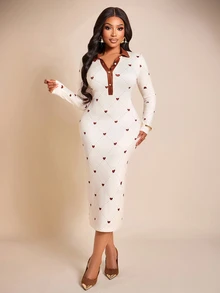 Brilight Sxy Heart Argyle Print Midi Bodycon Dress For Date Brunch Daily Streetwear - Apricot - View 7