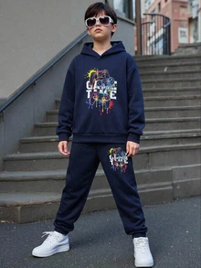 SHEIN 兒童 2 件組 青少年男孩休閒遊戲機圖案連帽衛衣與運動長褲，適合秋冬返校季節 - 寶藍色 - 查看 6