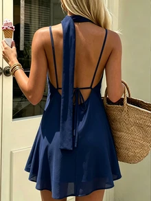Cévolie Deep V Spaghetti Strap A-Line Mini Dress With Matching Neck Scarf, Solid Swing Casual Short Dress - Navy Blue - View 2