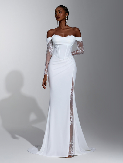 Elitara Elegant White Romantic French Lace Off-Shoulder Sheer Long Sleeve Minimalist Mermaid Dress With Sexy Overlap High Slit Front, Lace Patchwork Sheer, Suitable For All Formal Wedding Events, Lightweight Wedding Dress For Women Bride