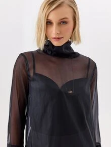 KÆRIA Hus 透視漏斗領雪紡上衣 - 輕盈歐根紗 - 黑色 - 約會之夜、優雅、晚餐、週末、法式、辦公室、性感、外出、正式、秋季 - 黑色 - 查看 4