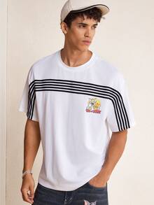 TOM & JERRY X SHEIN Men's Contrast Color Striped Cartoon Print Short Sleeve T-Shirt - White - View 1