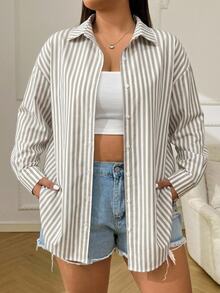SHEIN EZwear 女款大尺碼杏色拼色條紋長袖襯衫 - 卡其色 - 查看 5