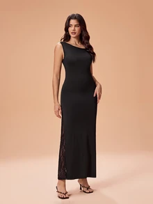 Glamance Women's Elegant Party Lace Patchwork Asymmetric Neckline Mermaid Long Dress - Black - View 5
