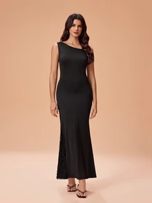 Glamance Women's Elegant Party Lace Patchwork Asymmetric Neckline Mermaid Long Dress - Black - View 4