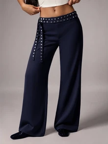 Avenya Celana Panjang Kaki Lebar dengan Hiasan Rivet dan Pita, Kasual untuk Perjalanan Sehari-hari - Navy Blue - View 5