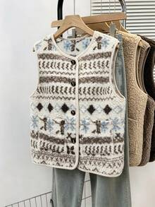 SHEIN Fair Isle 刷毛印花無袖單排扣貼袋復古休閒女款夾克，秋季/日常旅行，棕色與白色波點 - 杏色 - 查看 3