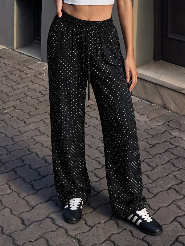 Pariaura Women's Minimalist Polka Dot Print Drawstring Waist Sports Long Pants