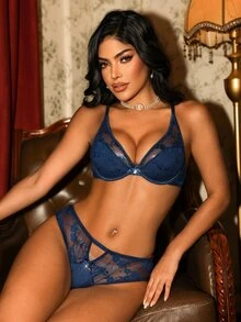 Divavoom Navy Floral Lace 2 Pieces Lingerie Set, Underwire V Neck Bra & Matching Sheer Mesh Panty With Rhinestone Bow - Navy Blue - View 3
