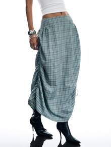 LYSMO Women's Fashion Plaid Drawstring Pleated Midi Skirt - Grey - View 7