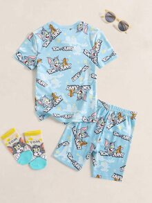 TOM & JERRY X SHEIN Young Boy Cartoon Print Short Sleeve Top And Fitted Shorts Loungewear Set - Blue - View 2