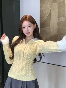 DAZY Women's Contrast Color Lapel Long Sleeve Button Half-Placket Casual Sweater Fall - Yellow - View 5