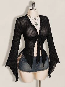 SHEIN ICON Y2K 棕色秋季不對稱下擺喇叭袖復古植絨網紗透視前開襟女款上衣 - 黑色 - 查看 6