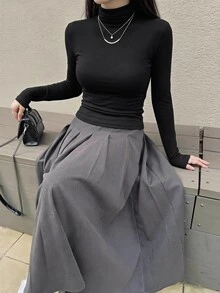 DAZY 女款純色高領長袖修身休閒百搭T恤 - 黑色 - 查看 4