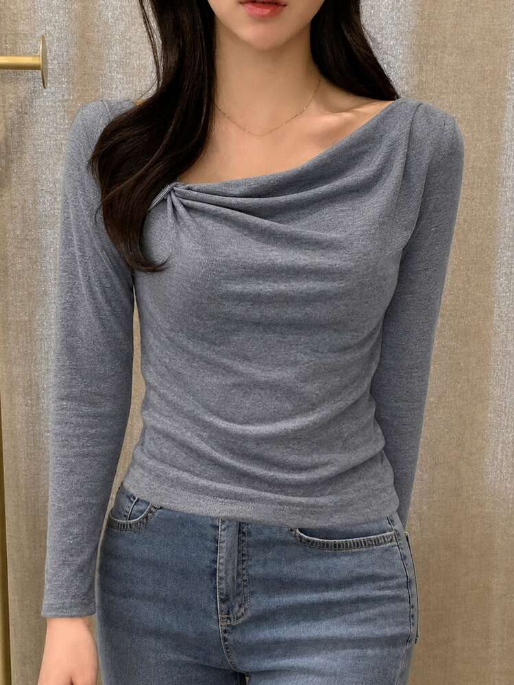 INAWLY Early Autumn Vibe Asymmetric Cowl Neck Tie Long Sleeve Base Layer Top, Niche Cold-Shoulder Ruched Slim Fit Cropped Sexy Blouse - Grey - View 6