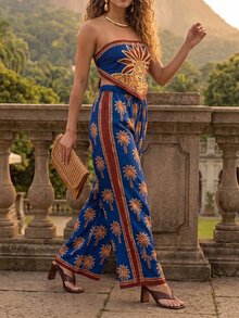 CAJUNI Set Atasan dan Syal dengan Celana Panjang Lebar, Motif Leopard, Gaya Boho Chic. - Biru - View 6