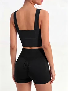SHEIN Velisys Regular Fit Backless Straight Strap Waist-Cinched Butt-Lifting Ribbed Knit Black Sports Bra Shorts Set Fitness/Yoga Workout Gym Summer - Black - View 2