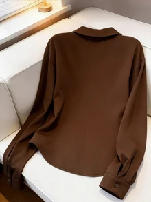 SHEIN Maillard Fashion Belt Buckle Patchwork Design Vintage Open Front Waist-Cinching Slimming French Chic Versatile Women's Blouse - Brown - View 2